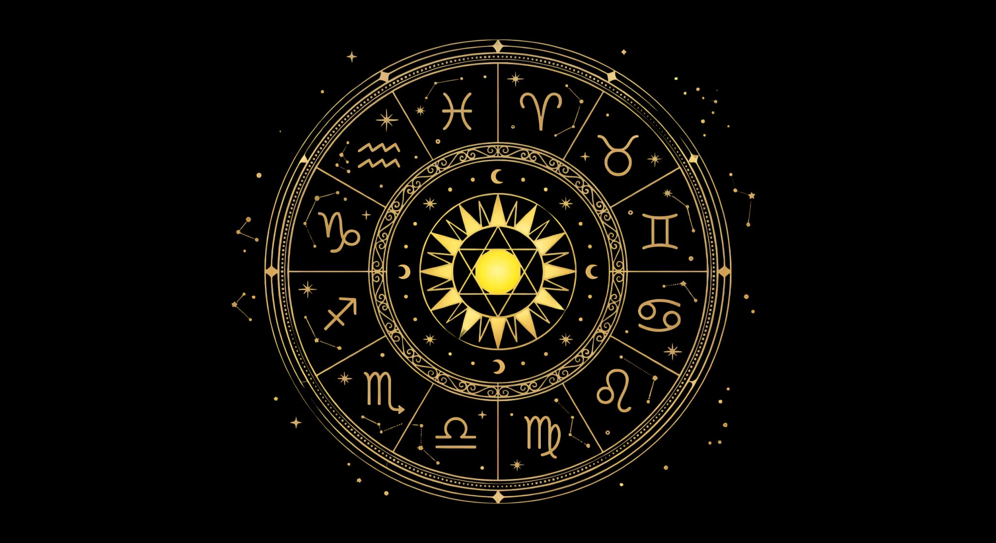 A celestial background with golden zodiac symbols and constellations on a light cream background.